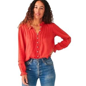 Faherty Willa Red Button Down Organic Cotton Ruffle Trim Blouse Size XS
